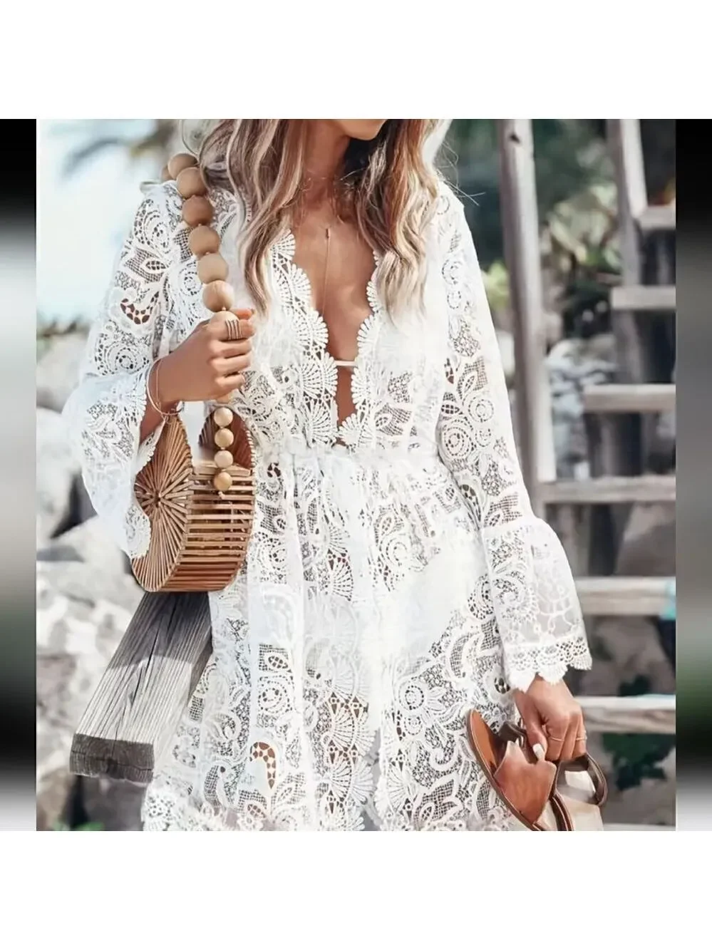 Lace Hollow Crochet Bikini Cover-ups Floral Beach Dress Beachwear Bathing Suit - Picture 11 of 12